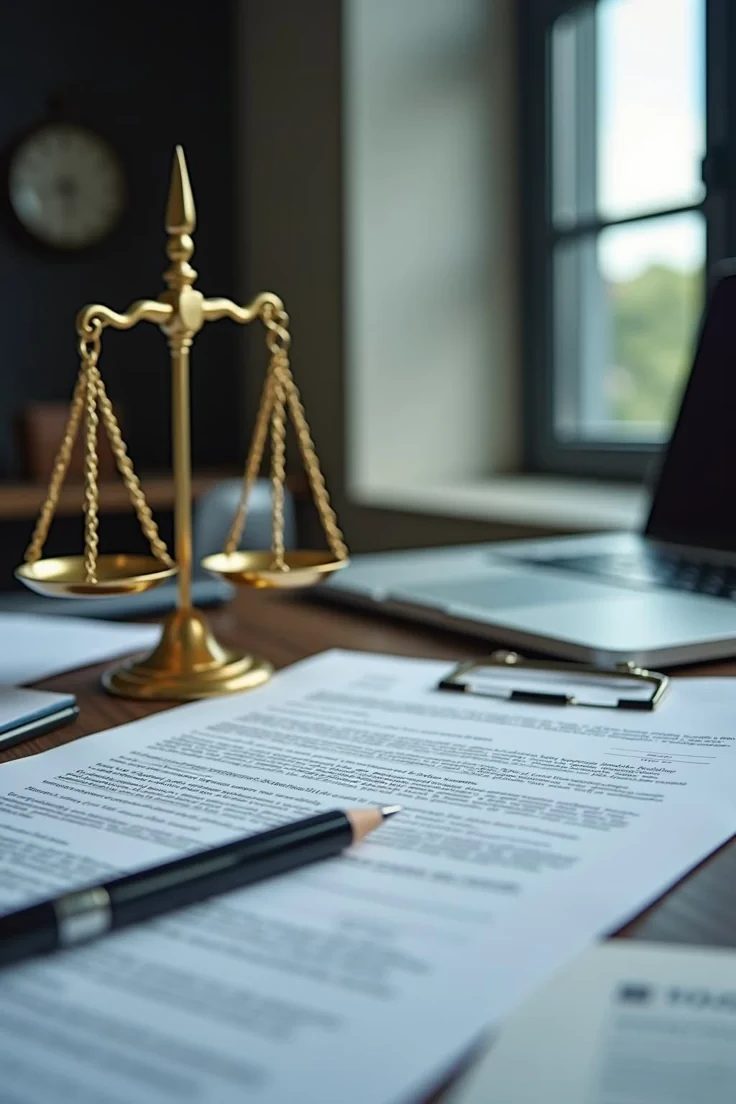 Balanza y documentos legales sobre un escritorio